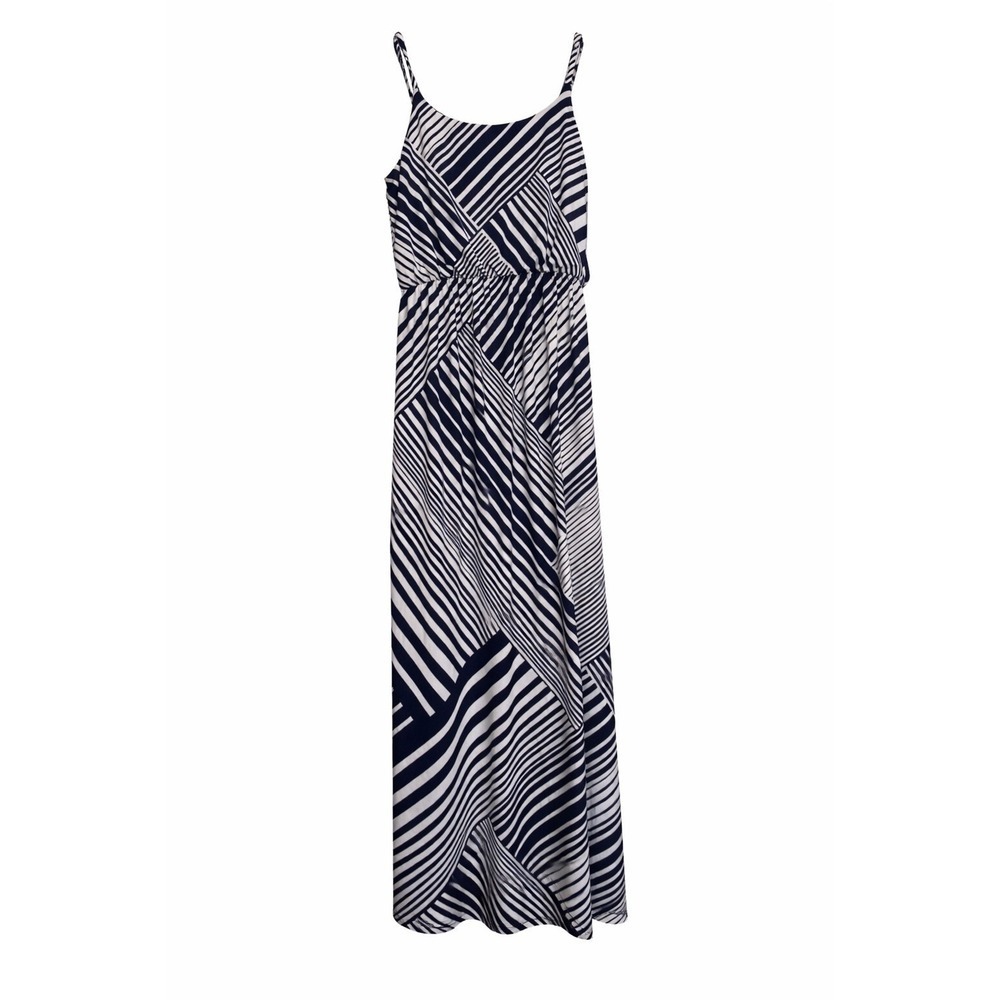 NWT BCX Navy White Geometric Striped Maxi Dress Small Stretch Travel MSRP $69